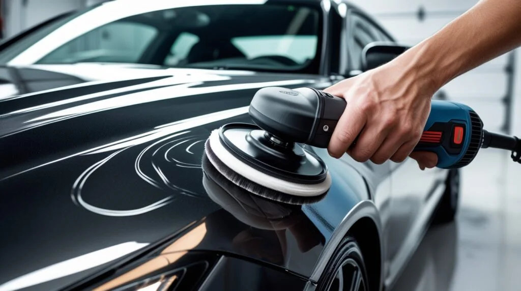 Machine polishing a dark vehicle hood